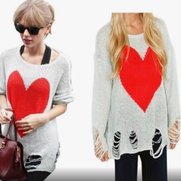 Wildfox Knitted Sweater - Red Heart & Brown Distressed Pullover - Size XS - NEW - Picture 5 of 5